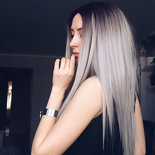 

Synthetic Wig Straight Straight Wig Long Black / Grey Synthetic Hair Women's Ombre Hair Dark Roots Middle Part Gray