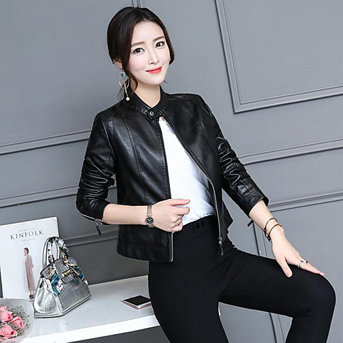

Women's Solid Colored Fall Faux Leather Jacket Short Daily Long Sleeve PU Coat Tops Black