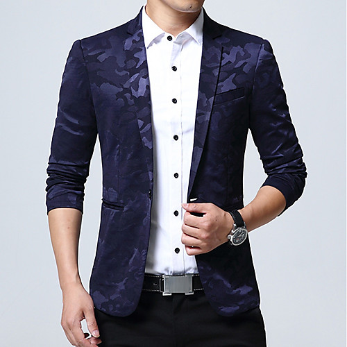 

Black / Blue Camo / Camouflage Regular Fit Polyester Men's Suit - Shirt Collar / Party / Fall / Spring / Long Sleeve / Work