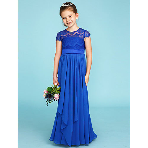 

Princess / A-Line Crew Neck Floor Length Chiffon / Lace Junior Bridesmaid Dress with Sashes / Ribbons / Bow(s) / Wedding Party / See Through