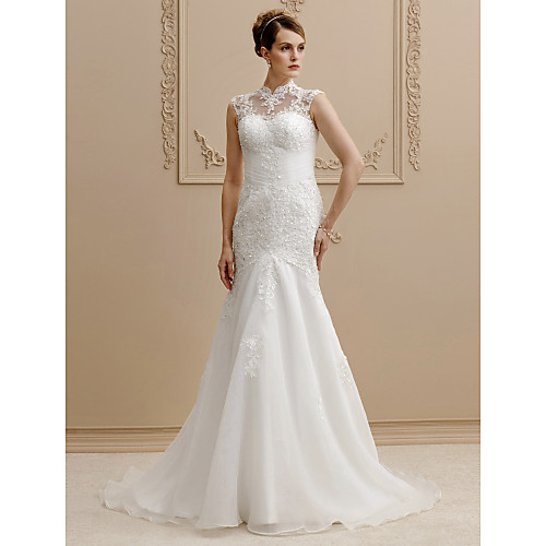 

Mermaid / Trumpet Wedding Dresses High Neck Chapel Train Lace Organza Cap Sleeve See-Through Beautiful Back with Buttons Beading Appliques 2021