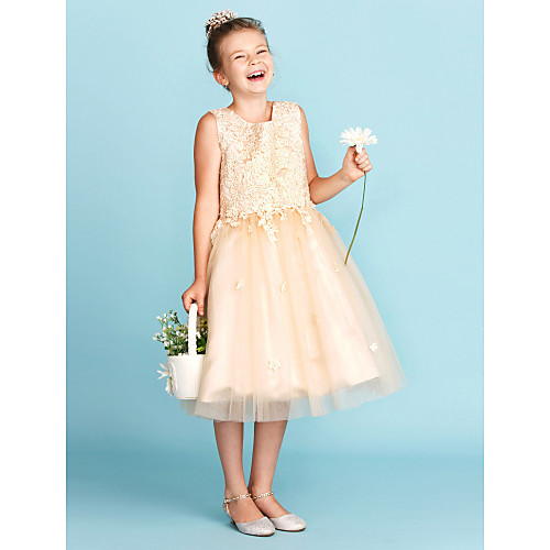 

Princess / A-Line Jewel Neck Knee Length Lace / Tulle Junior Bridesmaid Dress with Bow(s) / Appliques / Wedding Party