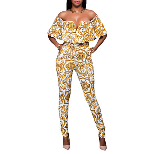 

Women's Party Holiday Club Boat Neck Off Shoulder Black Yellow Jumpsuit Backless Print