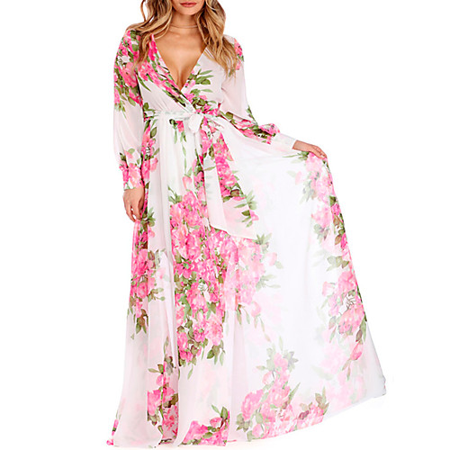 

Women's Chiffon Dress Maxi long Dress Black Fuchsia Beige Long Sleeve Floral Print V Neck Floral S M L XL XXL 3XL / Plus Size
