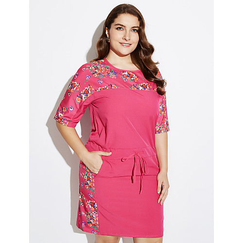 

Women's Short Mini Dress Yellow Pink Light Blue Floral Summer Round Neck Streetwear Cotton L XL XXL 3XL 4XL / Plus Size