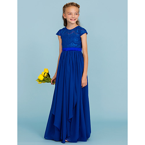

A-Line / Princess Crew Neck Floor Length Chiffon / Lace Junior Bridesmaid Dress with Bow(s) / Sash / Ribbon / Wedding Party