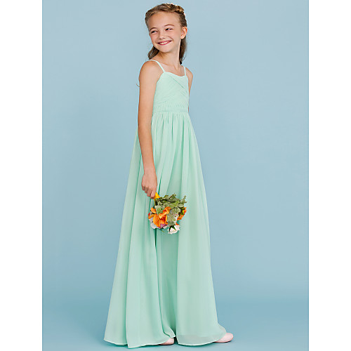 

Princess / A-Line Spaghetti Strap Floor Length Chiffon Junior Bridesmaid Dress with Criss Cross / Pleats / Wedding Party / Open Back