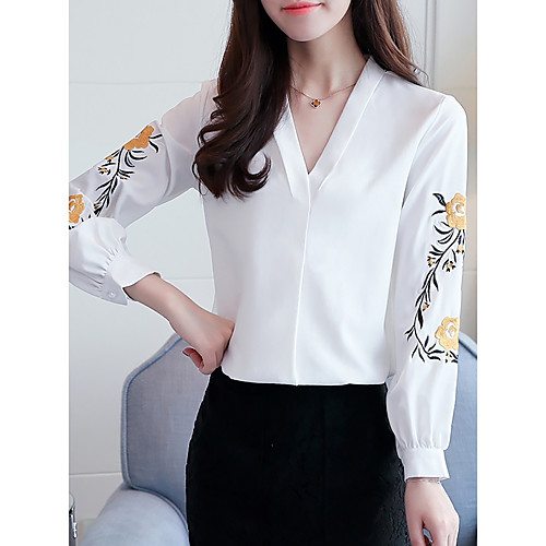 

Women's Blouse Embroidery Solid Colored Embroidered Long Sleeve Daily Tops White Black Red