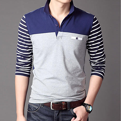 

Men's Polo Striped Solid Colored Long Sleeve Daily Tops Cotton White Yellow Light gray