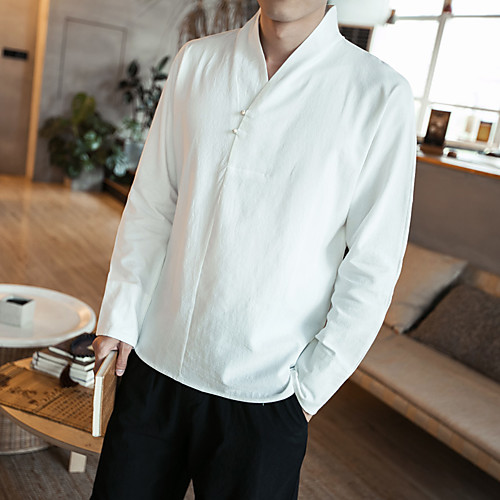 

Men's Shirt Solid Colored Plus Size Long Sleeve Daily Tops Chinoiserie White Black