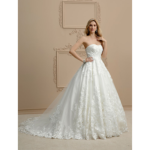 

Ball Gown Wedding Dresses Sweetheart Neckline Chapel Train Lace Strapless Open Back Floral Lace with Appliques 2021