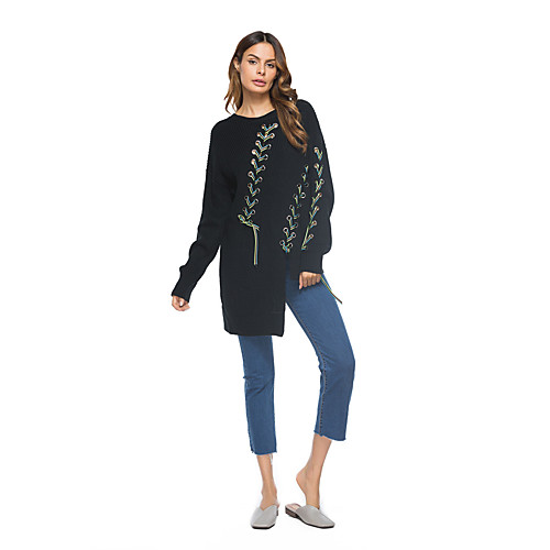 

Women's Solid Colored Pullover Cotton Long Sleeve Long Sweater Cardigans Round Neck Fall Black