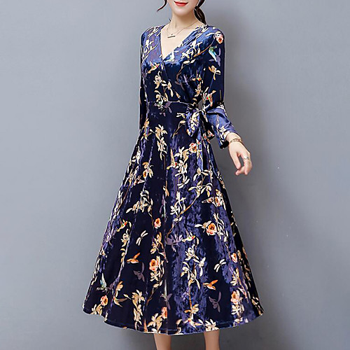 

Women's Sheath Dress Maxi long Dress Blue Long Sleeve Floral Fall V Neck Casual Velvet / Plus Size