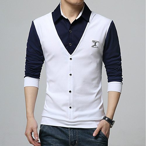 

Men's Polo Color Block Plus Size Embroidered Long Sleeve Work Tops Cotton White Black Blue