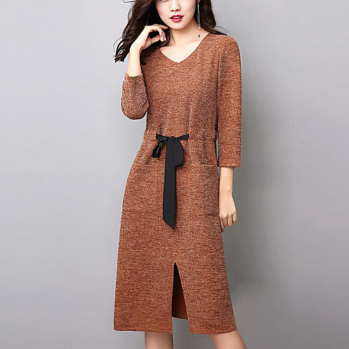 

Women's Sweater Jumper Dress Midi Dress Khaki Dark Gray 3/4 Length Sleeve Solid Colored Split Fall Winter V Neck Streetwear M L XL XXL 3XL 4XL / Plus Size