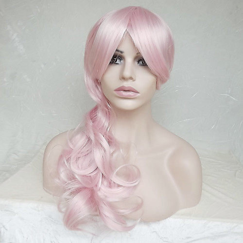 

Synthetic Wig Wavy Deep Wave Deep Wave Wavy Asymmetrical With Bangs Wig Pink Long Pink Synthetic Hair Women's Natural Hairline Pink