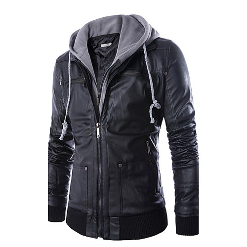 

Men's Daily / Weekend Simple / Casual Winter Regular Leather Jacket, Solid Colored / Color Block Hooded Long Sleeve PU Black