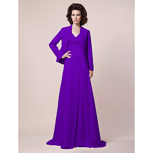 

A-Line Mother of the Bride Dress Wrap Included V Neck Sweep / Brush Train Chiffon Satin Long Sleeve with Beading Draping Side Draping 2021