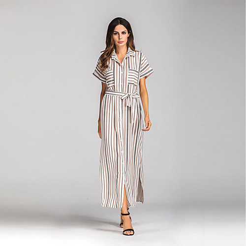 

Women's Loose Maxi long Dress Khaki Short Sleeve Striped Split Spring Summer Shirt Collar Streetwear Cotton S M L XL
