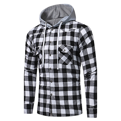

Men's Plaid Print Shirt - Cotton Active Street chic Daily Going out Hooded Black / Red / Fall / Winter / Long Sleeve