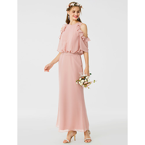 

Sheath / Column Jewel Neck Ankle Length Chiffon Bridesmaid Dress with Sash / Ribbon / Ruffles