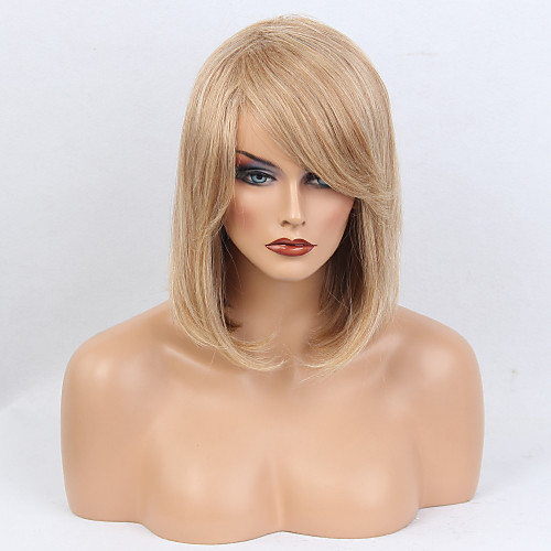 

Human Hair Wig Medium Length Straight Straight Side Part Machine Made Women's Medium Auburn / Bleach Blonde