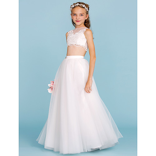 

Princess / A-Line Bateau Neck Floor Length Lace / Tulle Junior Bridesmaid Dress with Pearls / Appliques / Beautiful Back / Wedding Party / See Through