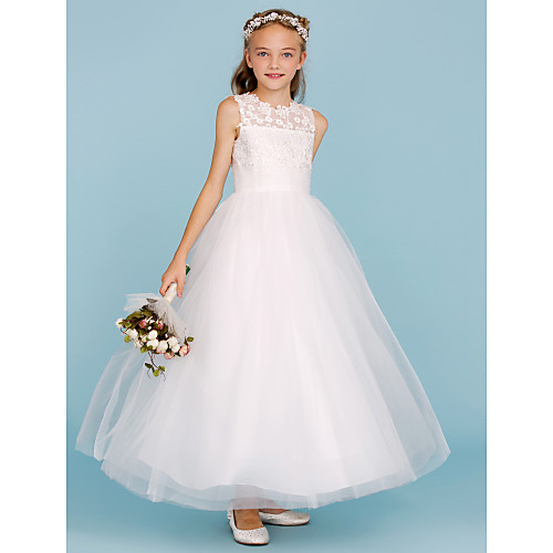 

Princess / A-Line Crew Neck Ankle Length Lace / Tulle Junior Bridesmaid Dress with Sash / Ribbon / Wedding Party