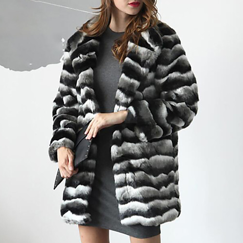 

Women's Striped Fall Fur Coat Long Daily Long Sleeve Faux Fur Coat Tops Black