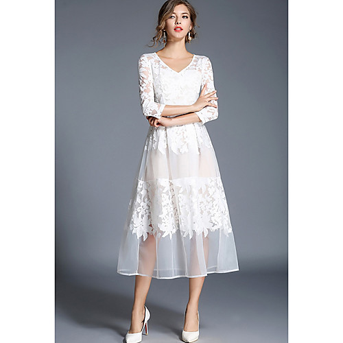 

Women's Lace Midi Dress White 3/4 Length Sleeve Solid Colored Spring Summer V Neck Streetwear Chinoiserie Going out Embroidery S M L XL XXL / Floral
