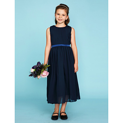 

Princess / A-Line Crew Neck Tea Length Chiffon Junior Bridesmaid Dress with Sash / Ribbon / Draping / Wedding Party