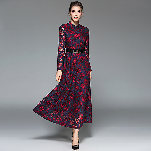 

Women's Sheath Dress Maxi long Dress Wine Long Sleeve Embroidered Lace Fall Stand Collar Casual Embroidery S M L XL XXL / Floral