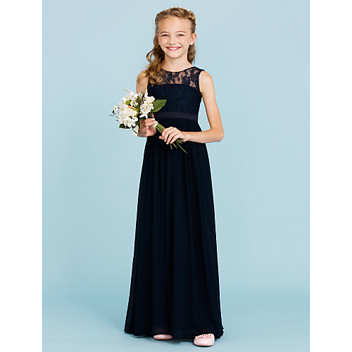 

Princess / A-Line Crew Neck Floor Length Chiffon / Lace Junior Bridesmaid Dress with Sash / Ribbon / Pleats / Wedding Party / Open Back / See Through