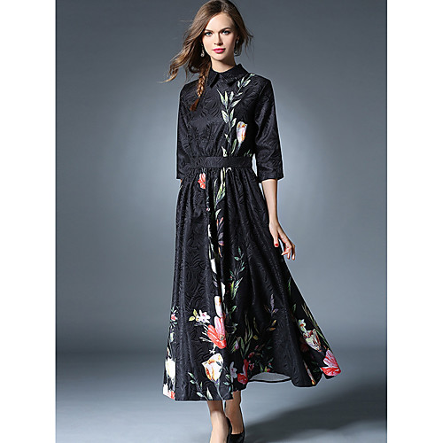 

Women's Sheath Dress Maxi long Dress Black 3/4 Length Sleeve Embroidered Spring Summer Shirt Collar Vintage Streetwear Holiday Going out Floral M L XL XXL