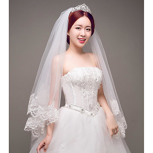 

One-tier Lace Applique Edge Wedding Veil Elbow Veils with Appliques Tulle / Classic