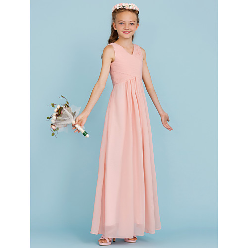 

Sheath / Column V Neck Floor Length Chiffon Junior Bridesmaid Dress with Criss Cross / Pleats / Wedding Party / Open Back