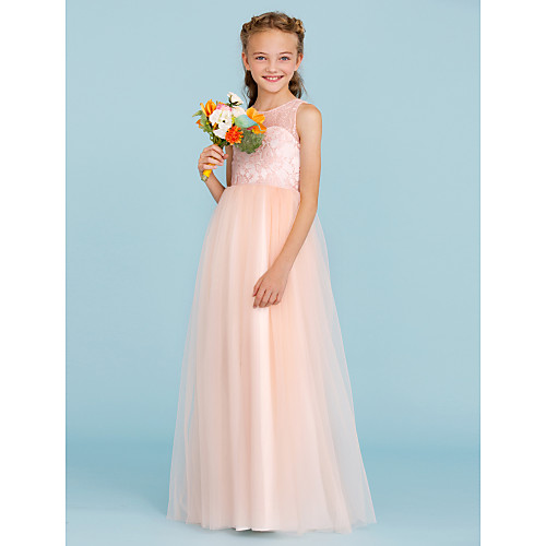 

Princess / A-Line Crew Neck Floor Length Lace / Tulle Junior Bridesmaid Dress with Pleats / Wedding Party / See Through