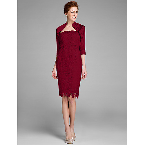 

Sheath / Column Mother of the Bride Dress Convertible Dress Strapless Knee Length Lace 3/4 Length Sleeve with Lace 2021