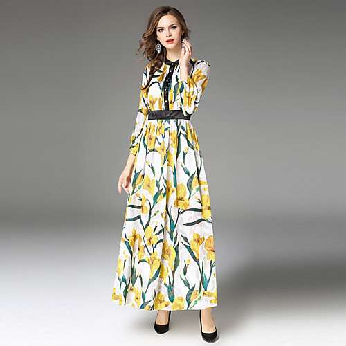 

Women's A Line Dress Maxi long Dress Yellow Long Sleeve Floral Jacquard Pleated Fall Winter Stand Collar Vintage Sophisticated Party Going out Puff Sleeve Floral S M L XL XXL