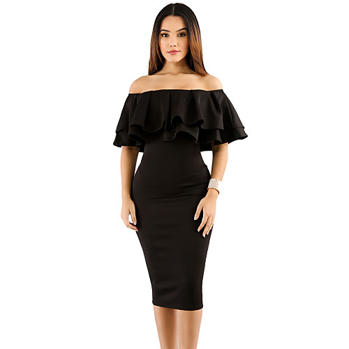

Women's Bodycon Midi Dress Black Short Sleeve Floral Solid Colored Summer Boat Neck Off Shoulder XL XXL 3XL / Plus Size