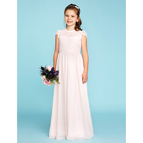 

Princess / A-Line Crew Neck Floor Length Chiffon / Lace Junior Bridesmaid Dress with Buttons / Pleats