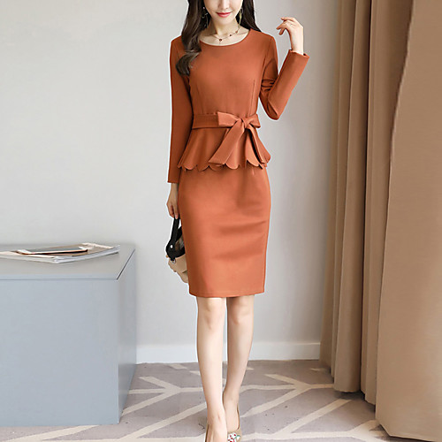 

Women's Sheath Dress Short Mini Dress Wine Green Brown Long Sleeve Solid Colored Fall Spring Round Neck Streetwear Sophisticated M L XL XXL