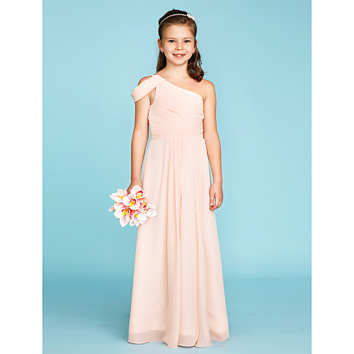 

Princess / A-Line One Shoulder Floor Length Chiffon Junior Bridesmaid Dress with Sash / Ribbon / Side Draping / Wedding Party / Open Back