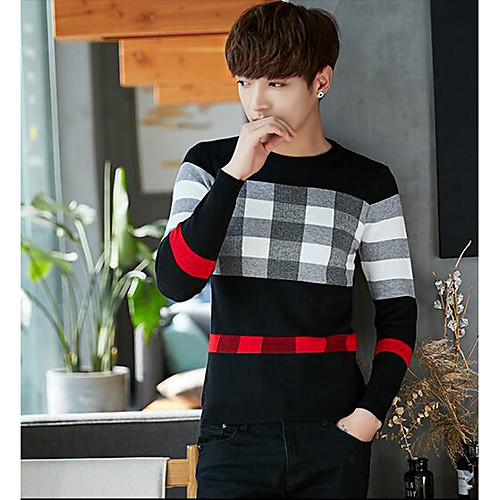 

Men's Print Color Block Pullover Long Sleeve Regular Sweater Cardigans Round Neck Fall Winter Black Khaki