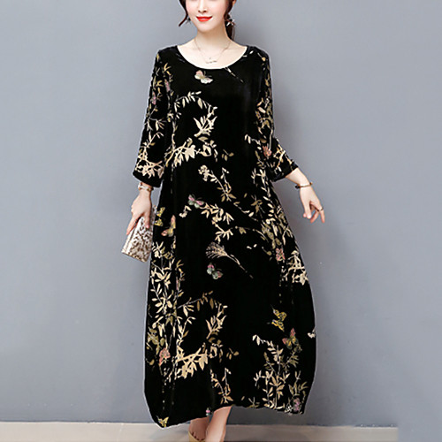 

Women's Plus Size Midi Dress Black Loose - 3/4 Length Sleeve Floral Print Fall Street chic Going out Weekend Loose Black M L XL XXL XXXL XXXXL