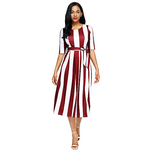

Women's Loose Midi Dress Black Blue Purple Wine Green Half Sleeve Striped Fall Round Neck S M L XL XXL