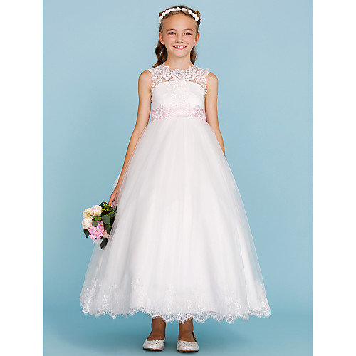 

Ball Gown Crew Neck Ankle Length Lace / Tulle Junior Bridesmaid Dress with Sash / Ribbon / Bow(s) / Appliques / Color Block / Wedding Party