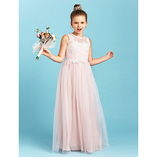 

Princess / A-Line Jewel Neck Floor Length Tulle Junior Bridesmaid Dress with Pleats / Appliques