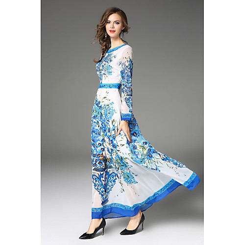 

Women's Swing Dress Maxi long Dress Long Sleeve Floral Fall Round Neck Casual Party Holiday Floral