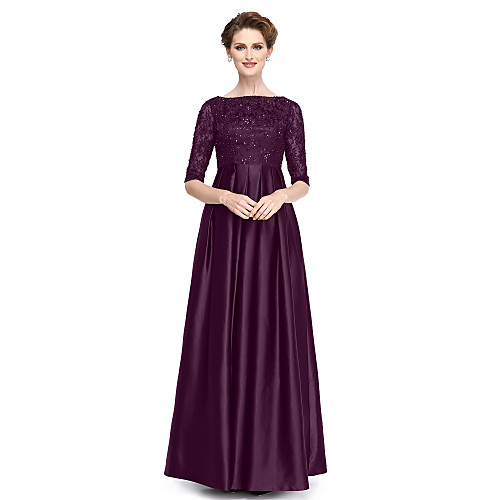 

A-Line Mother of the Bride Dress Plus Size Elegant Bateau Neck Floor Length Lace Stretch Satin Half Sleeve with Beading 2021